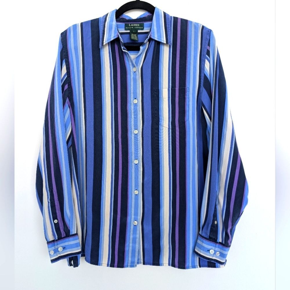 Lauren Ralph Lauren 100% silk Striped Blue Bottom Up Long Sleeve Blouse Sz L